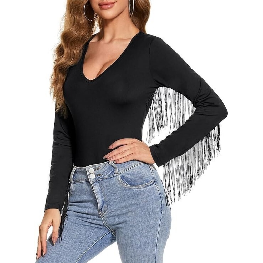 Peach Love California Long Sleeve Bodysuit Black Fringe Fringed Sz Medium Large